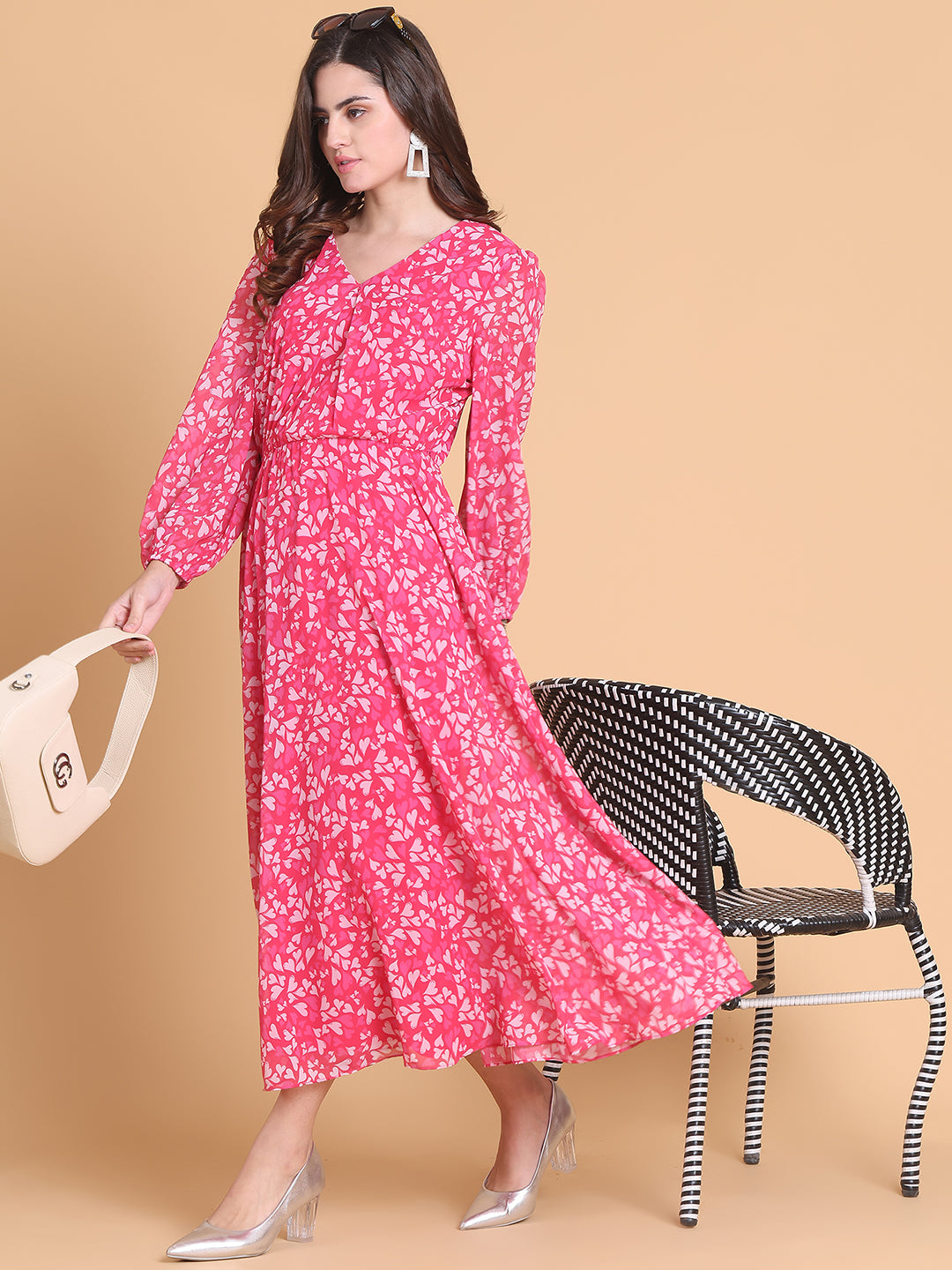 Puff Sleeve Georgette Fit & Flare Maxi Dress