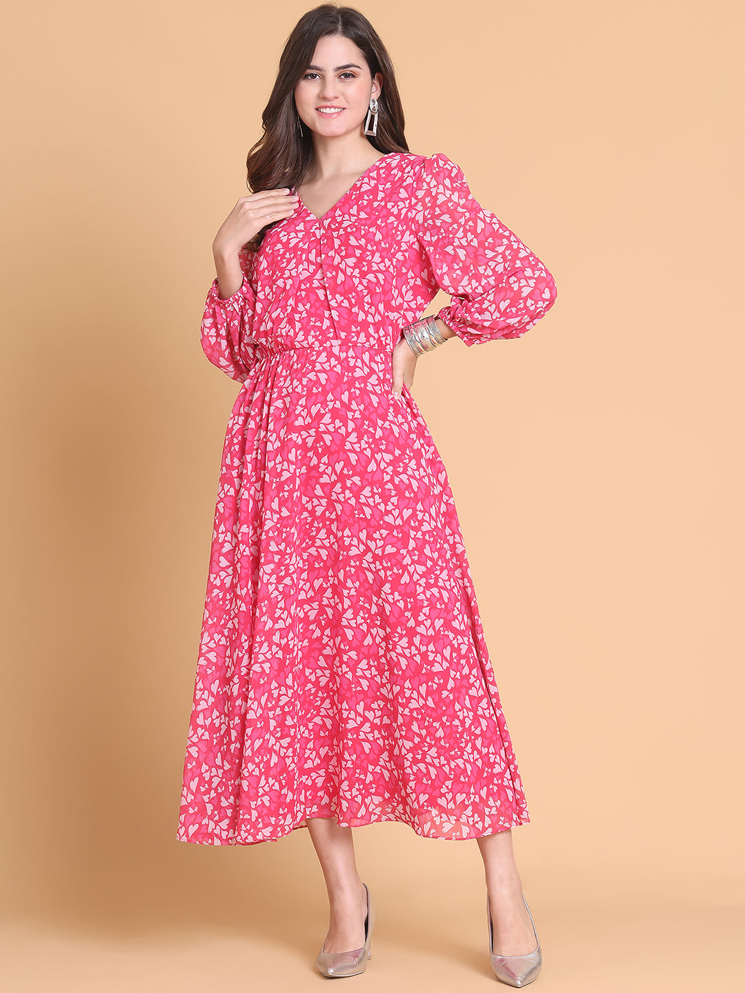 Puff Sleeve Georgette Fit & Flare Maxi Dress