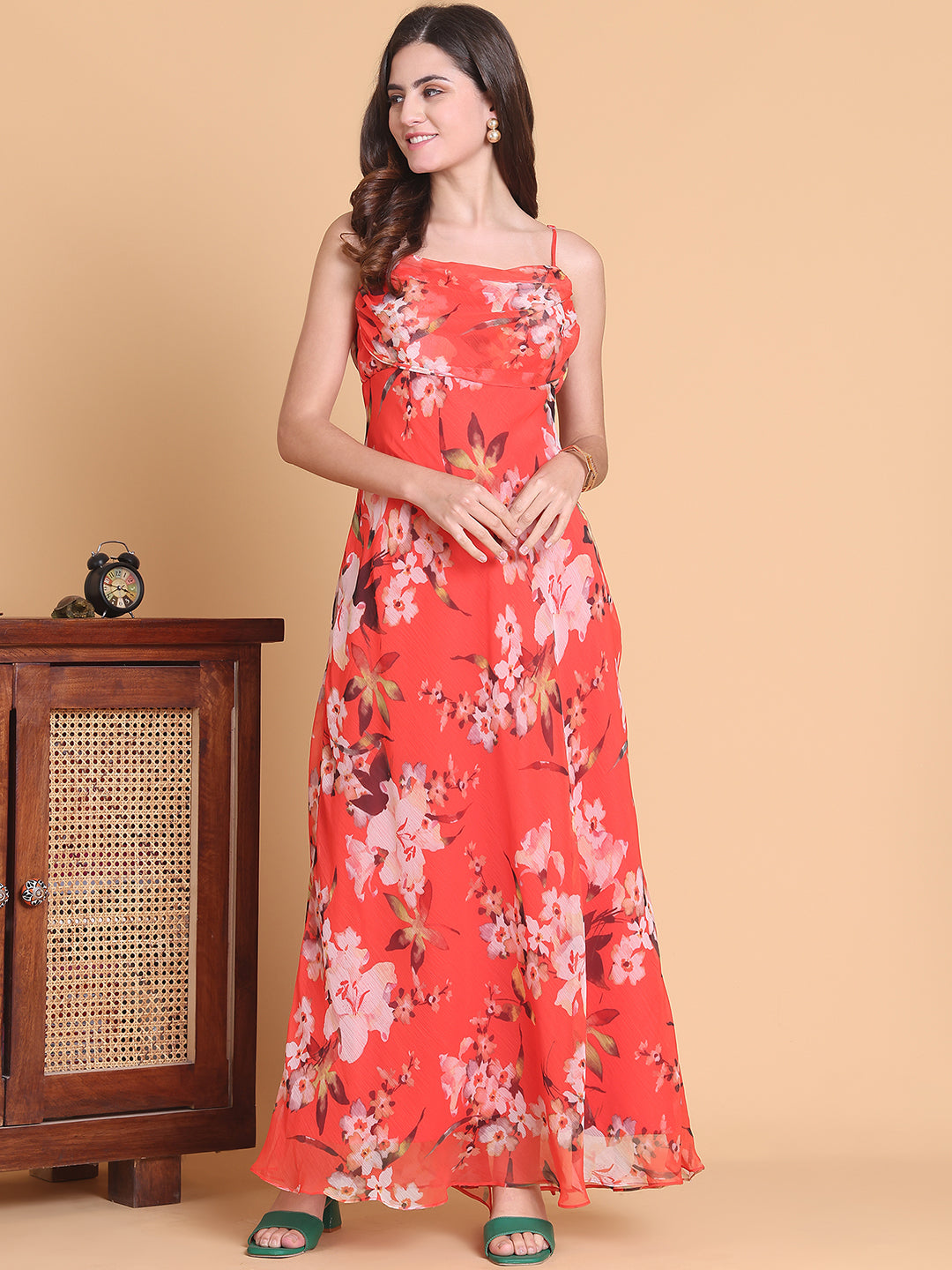 Red Floral Strappy Neck Chiffon Dress