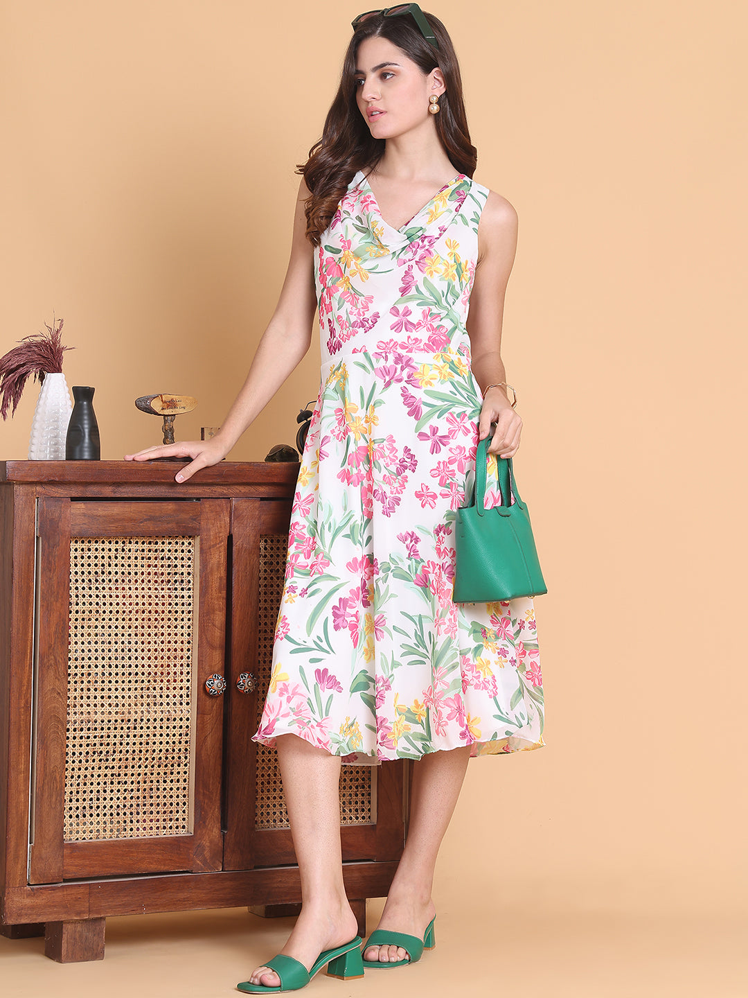 White Floral Printed Midi Dress