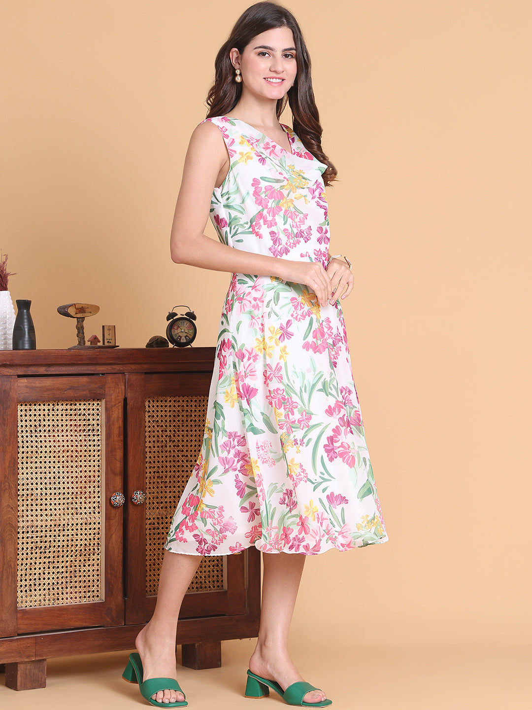 White Floral Printed Midi Dress