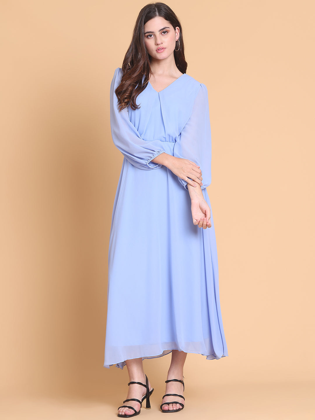 Puff Sleeve Georgette Fit & Flare Maxi Dress