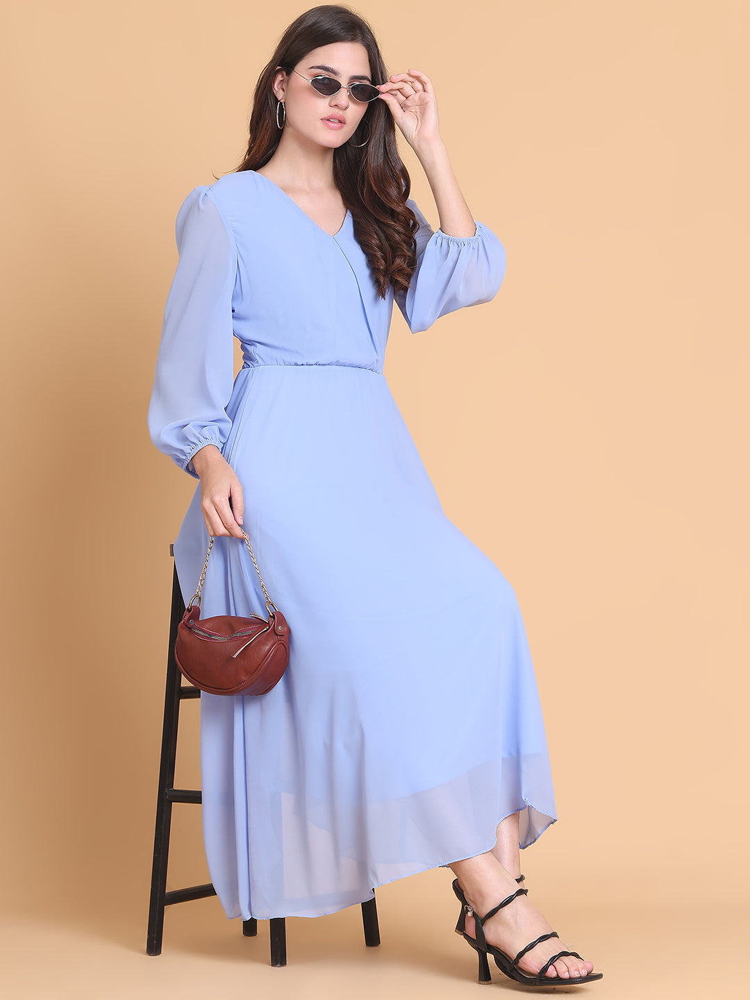 Puff Sleeve Georgette Fit & Flare Maxi Dress