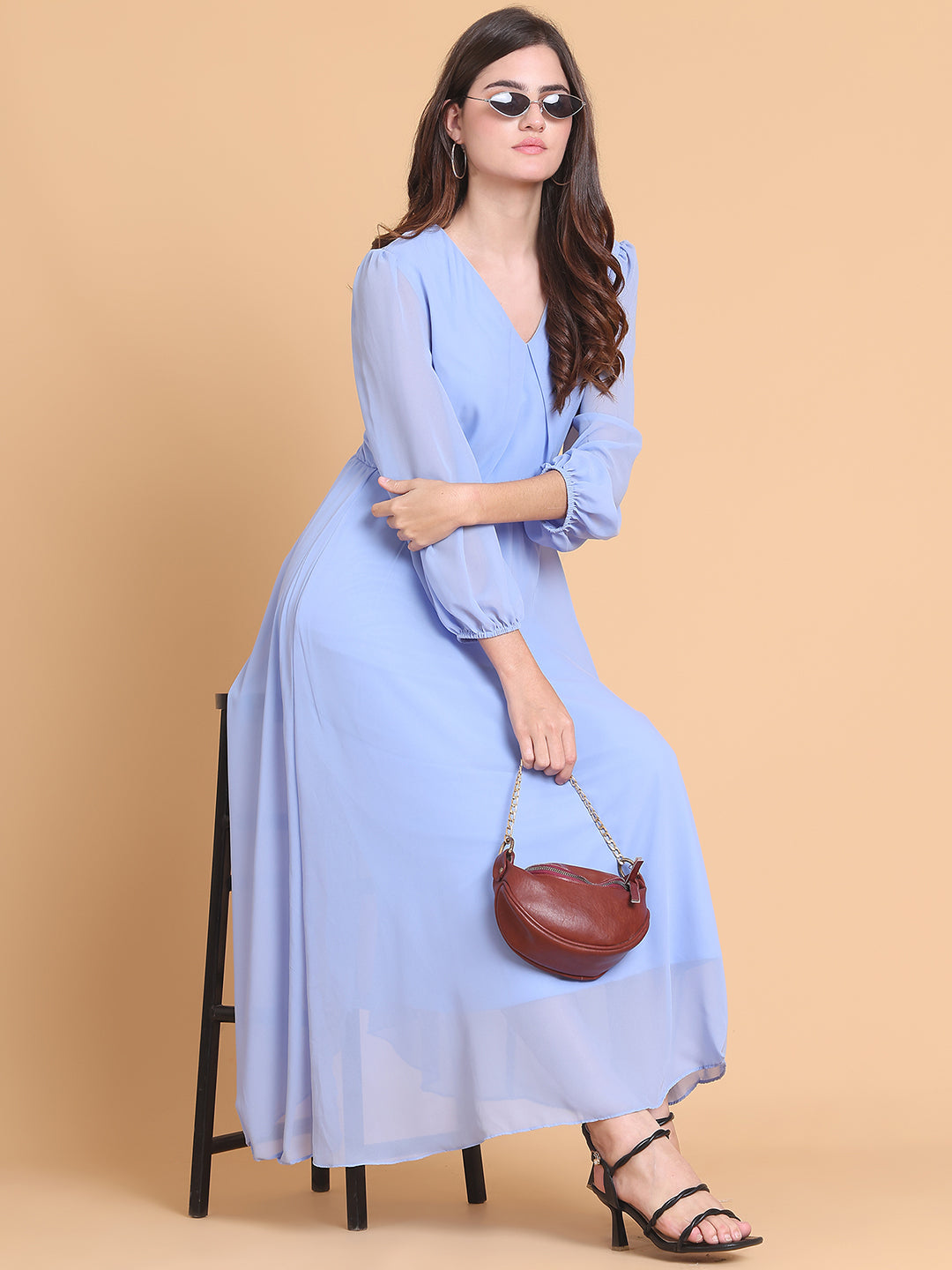 Puff Sleeve Georgette Fit & Flare Maxi Dress