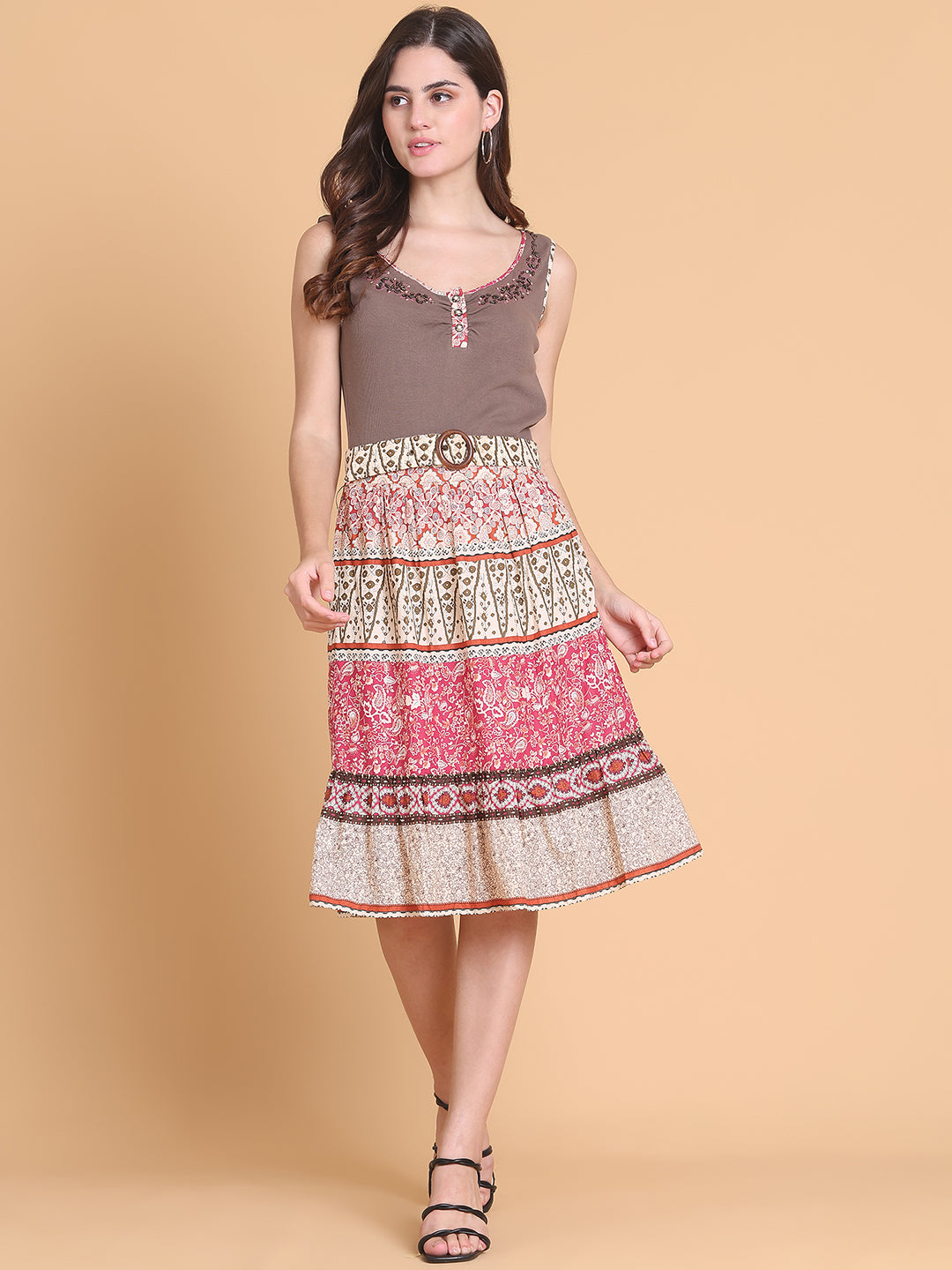 Brown & Cream-Coloured Ethnic Motifs Dress