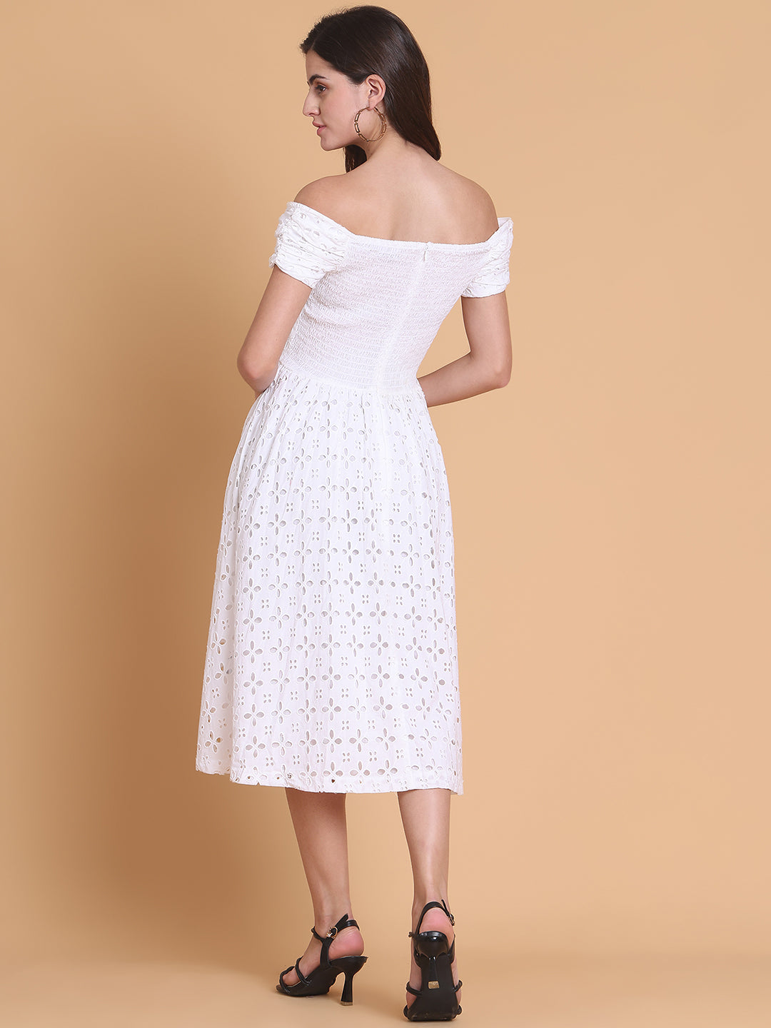 Off-Shouldered Schiffli Dress