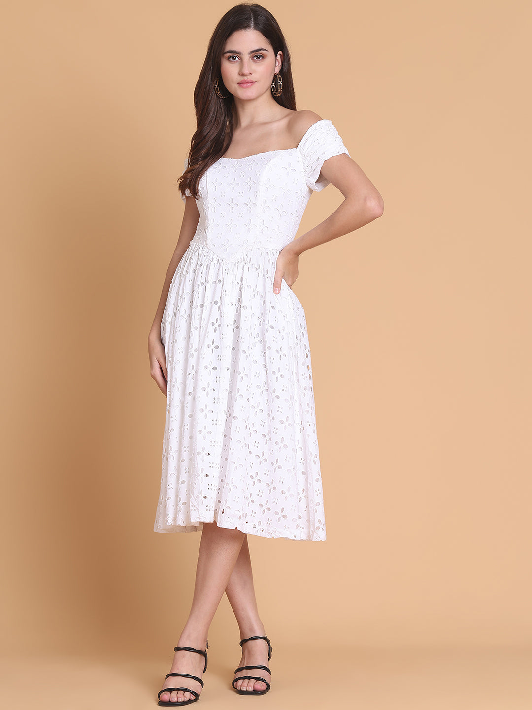 Off-Shouldered Schiffli Dress