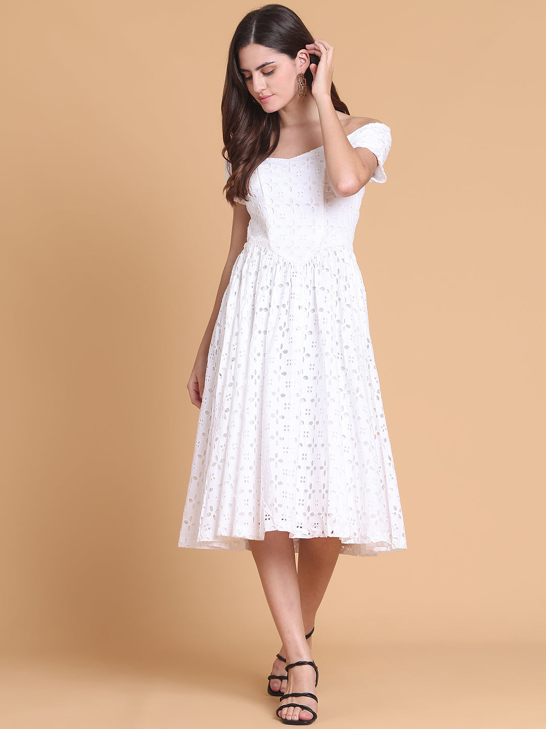 Off-Shouldered Schiffli Dress