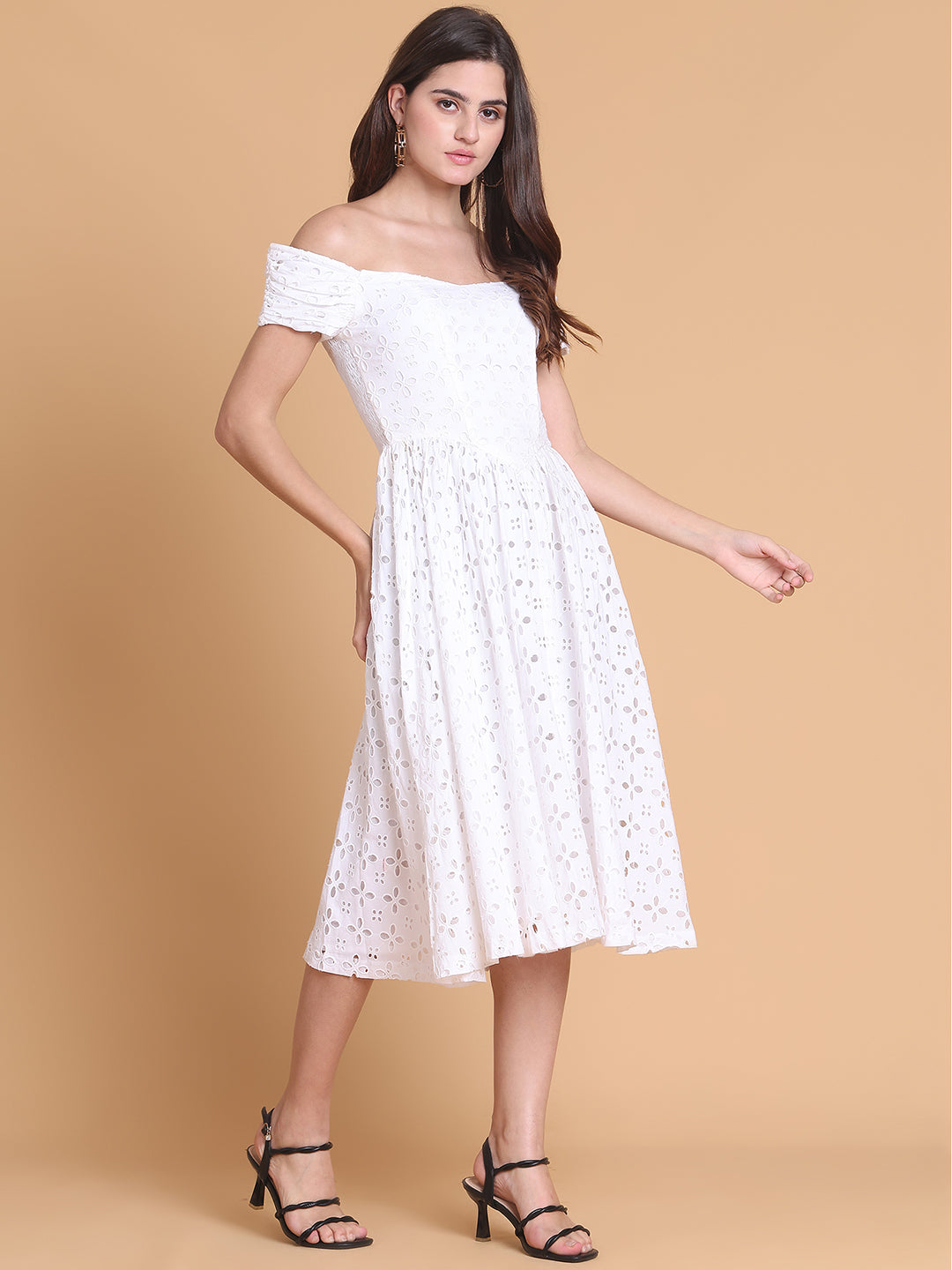 Off-Shouldered Schiffli Dress