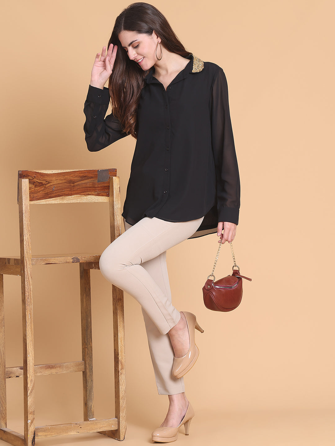 Gold Sequins Detail Black Shirt