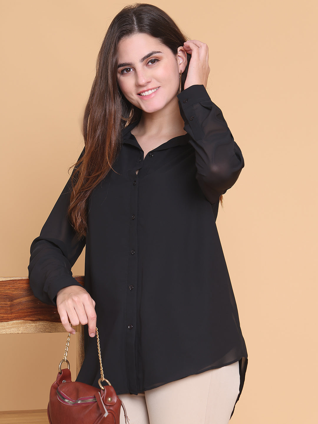 Gold Sequins Detail Black Shirt