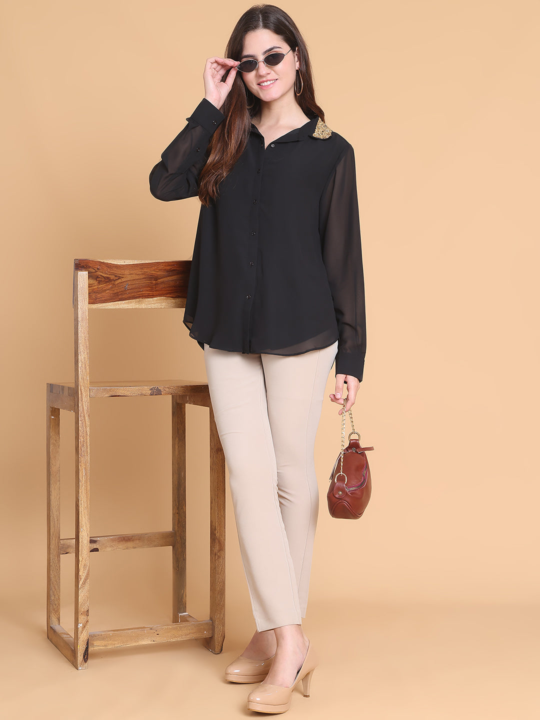 Gold Sequins Detail Black Shirt