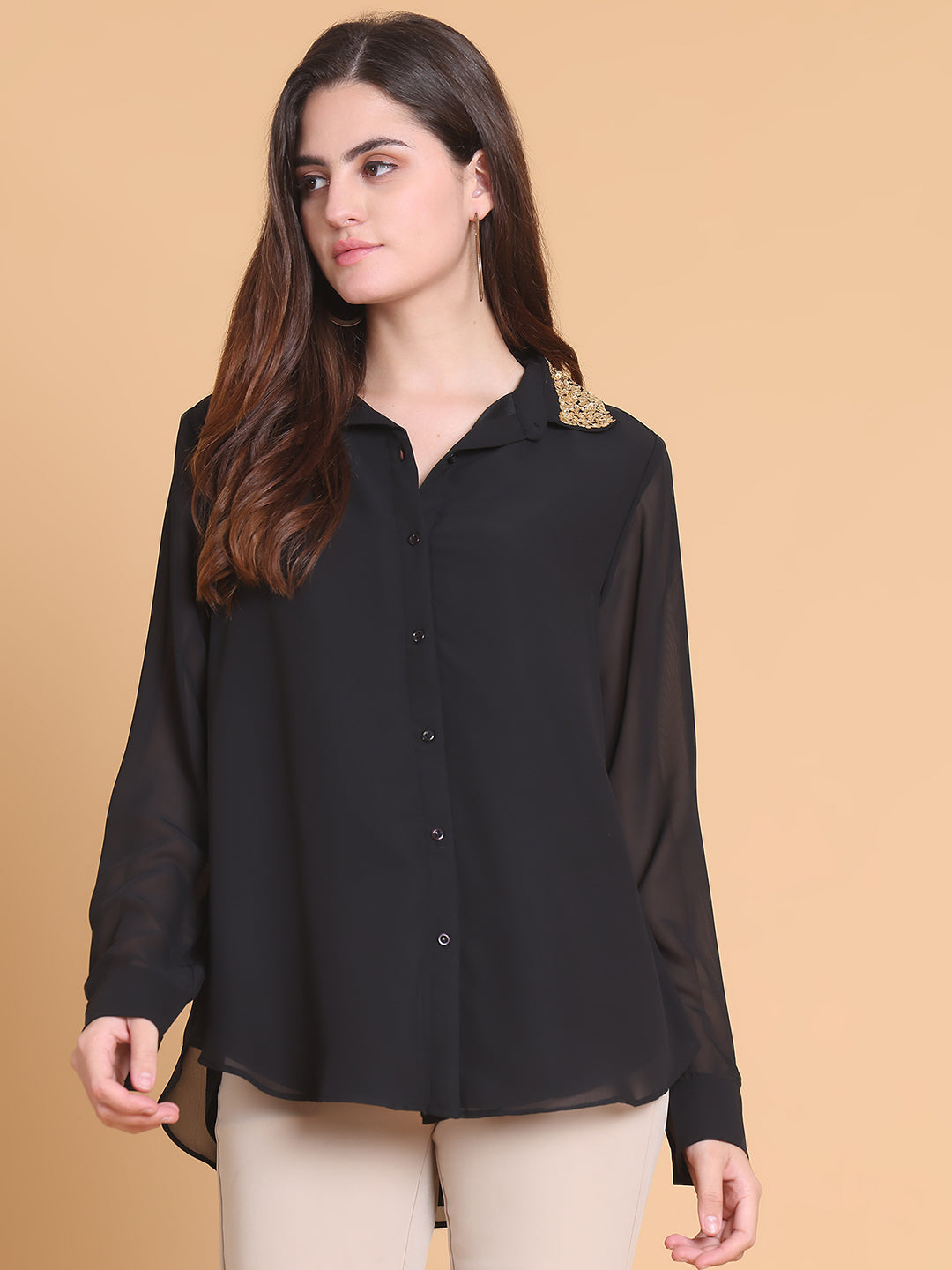 Gold Sequins Detail Black Shirt