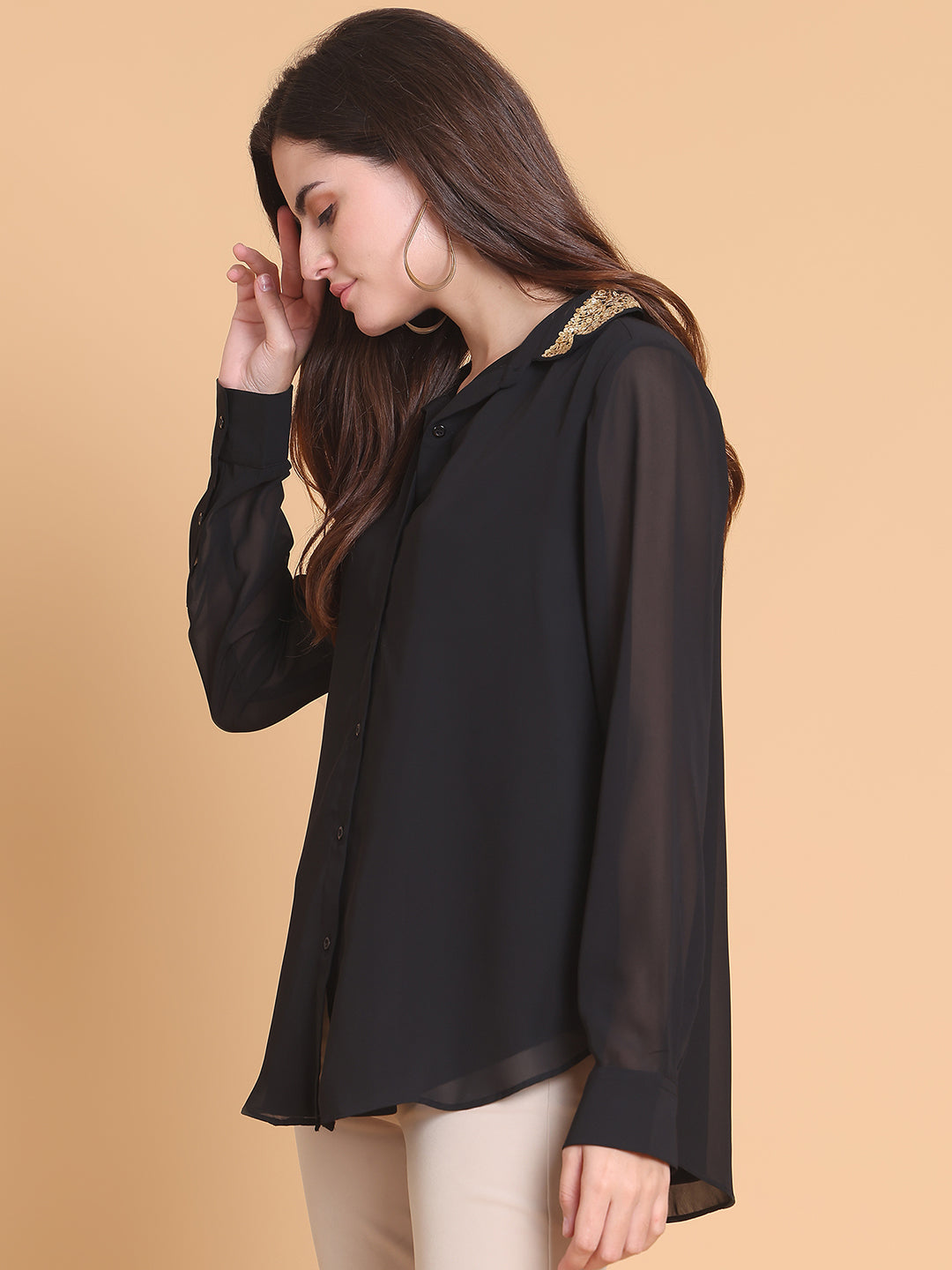 Gold Sequins Detail Black Shirt