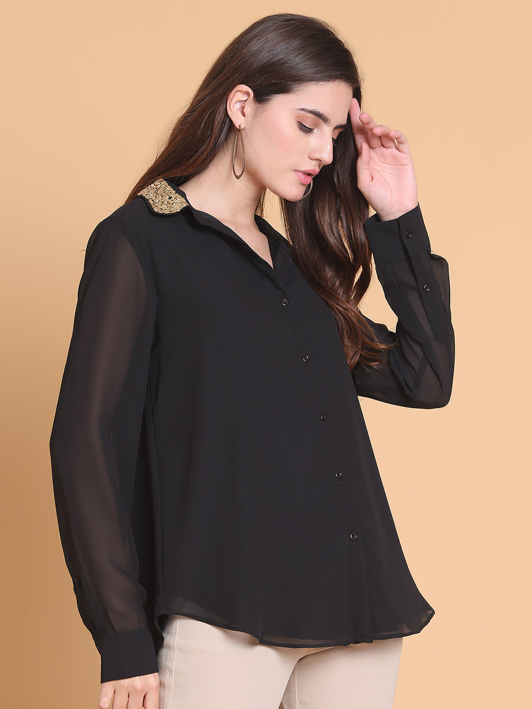 Gold Sequins Detail Black Shirt