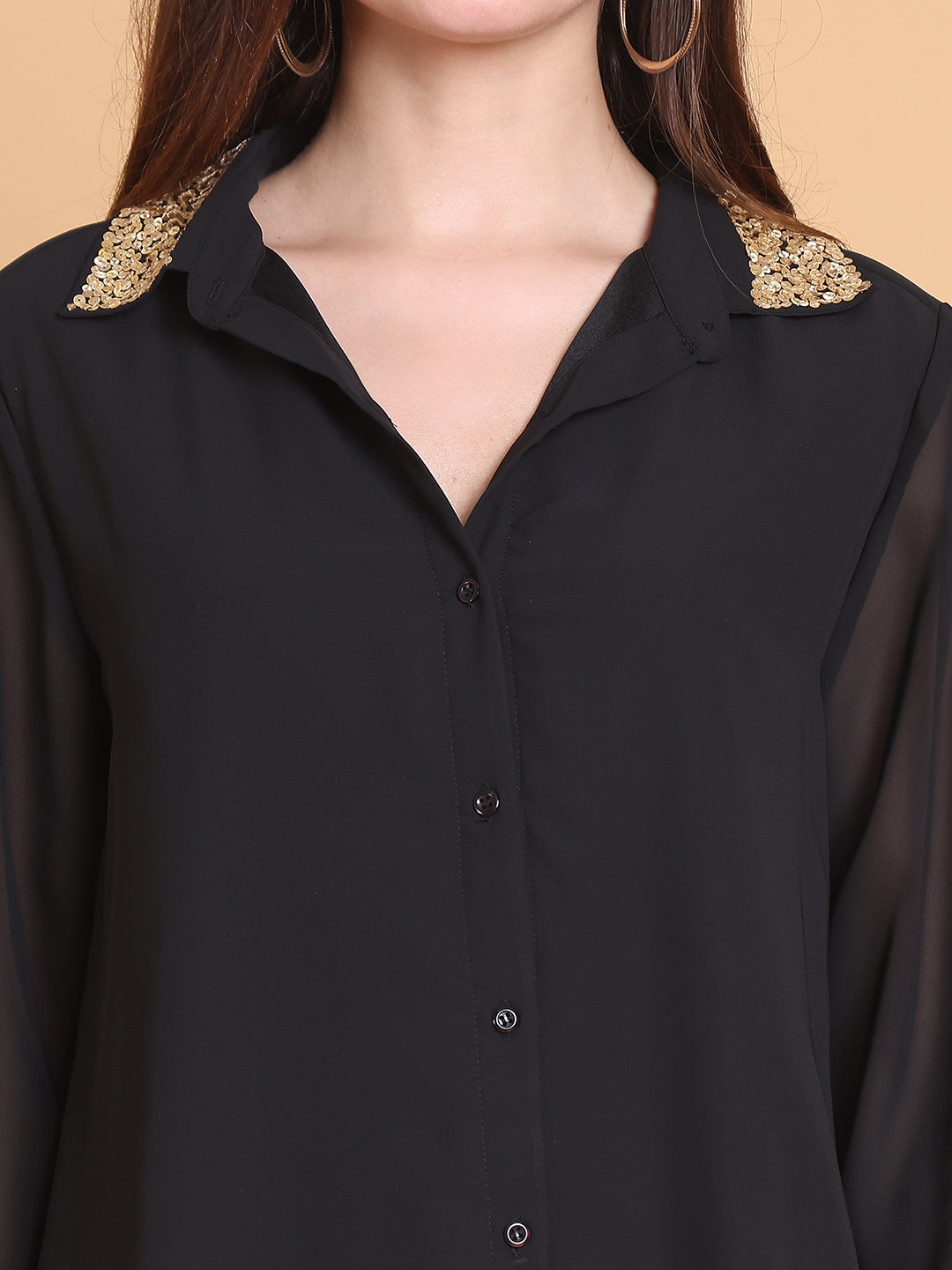 Gold Sequins Detail Black Shirt