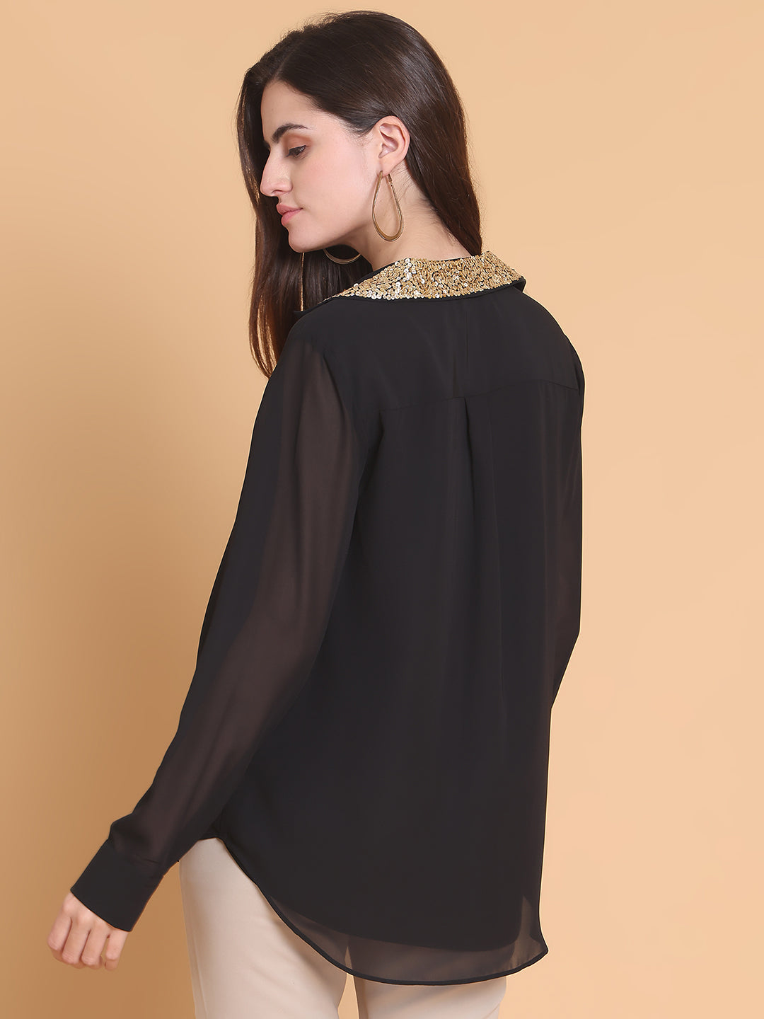 Gold Sequins Detail Black Shirt