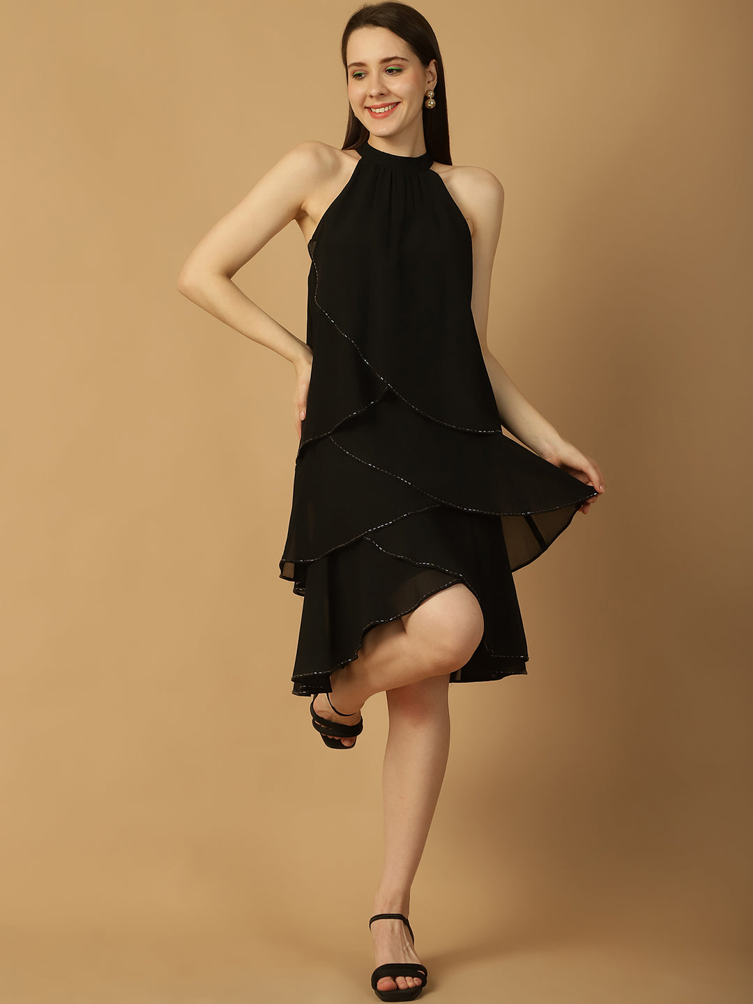 Sparkle Trim Tiered Halterneck Dress