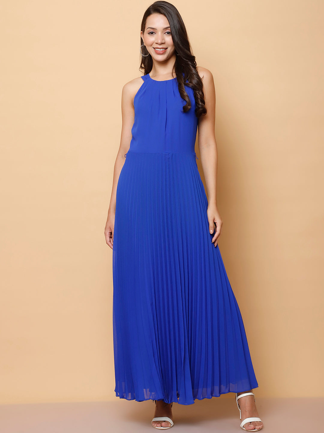 Pleated Halter Neck Maxi Dress