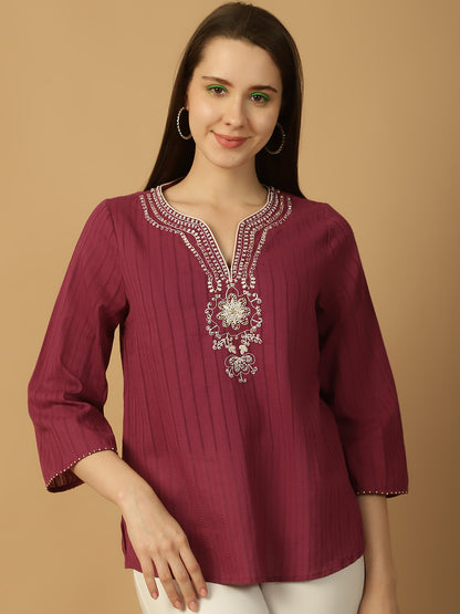 Embroidered Cotton Maroon Tunic