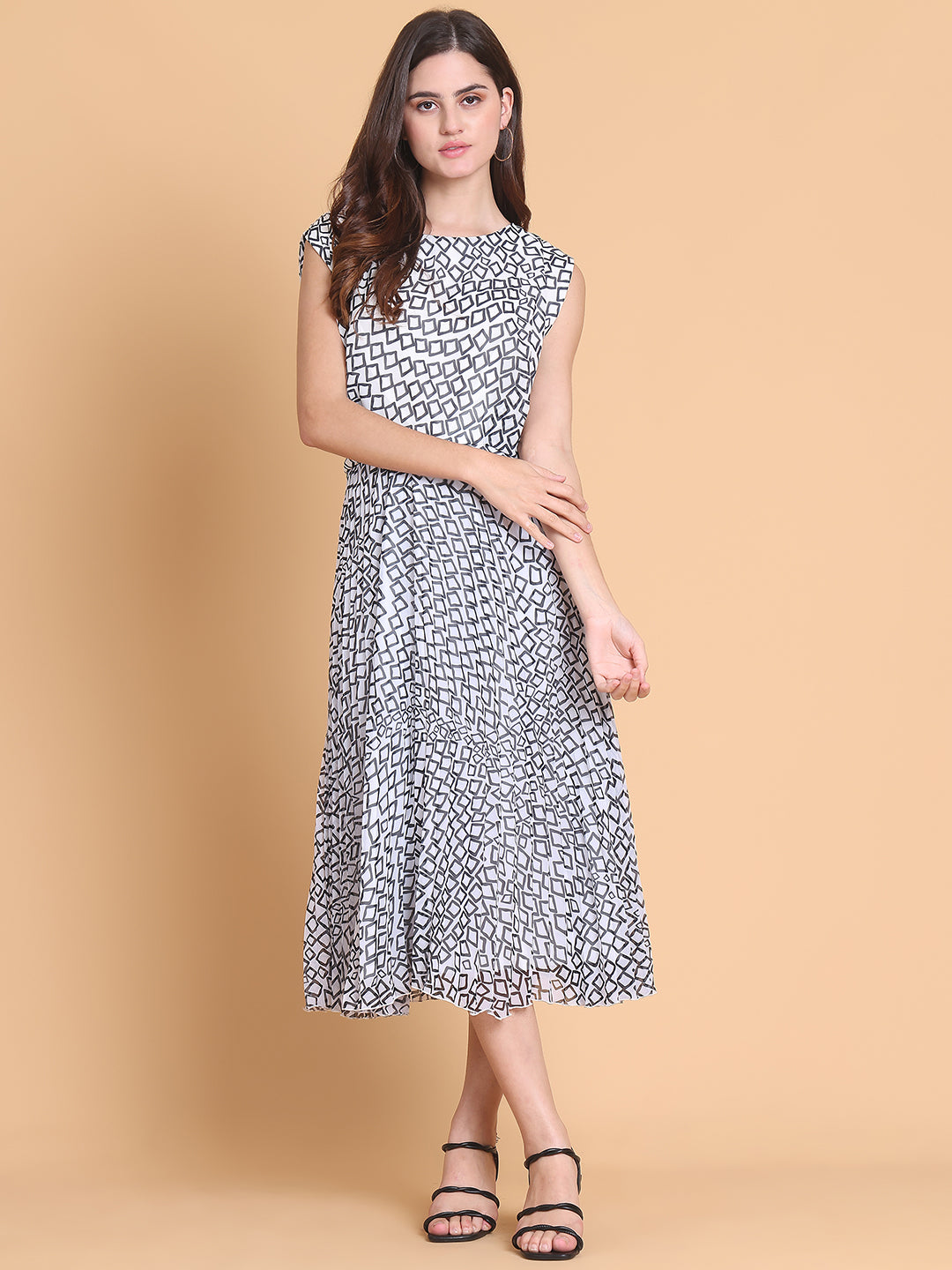Ivory Geometric Twist Detail Pleated Dress