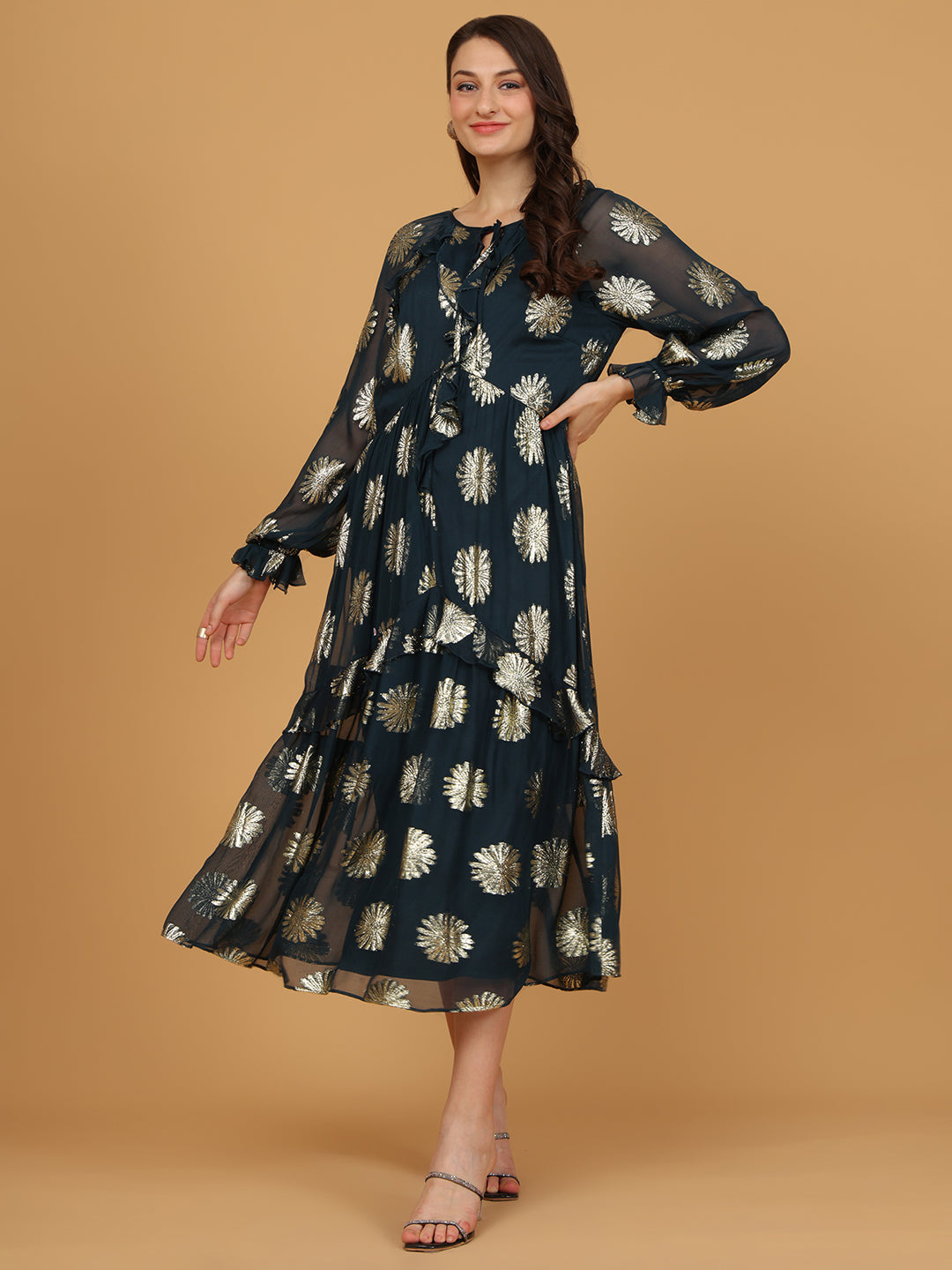 Floral Print Tie-Up Neck Fit & Flare Midi Dress