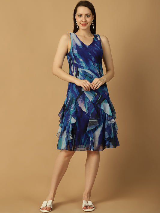 Blue Abstract Print Frill Detail Dress