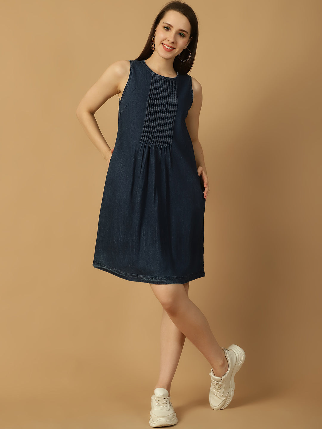 Denim Pintuck Detail Pocket Dress