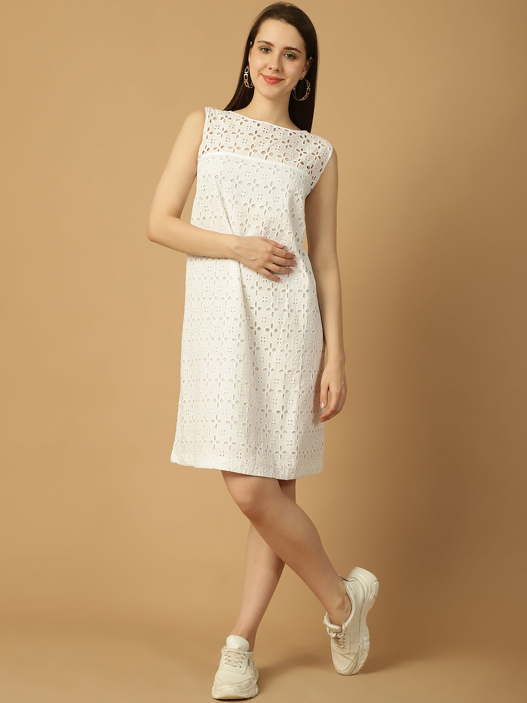 White Schiffli Tiered A-Line Cotton Dress