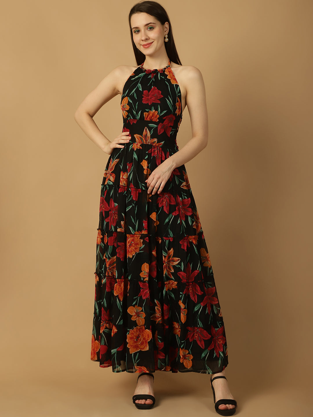 Black Floral Print Maxi Dress