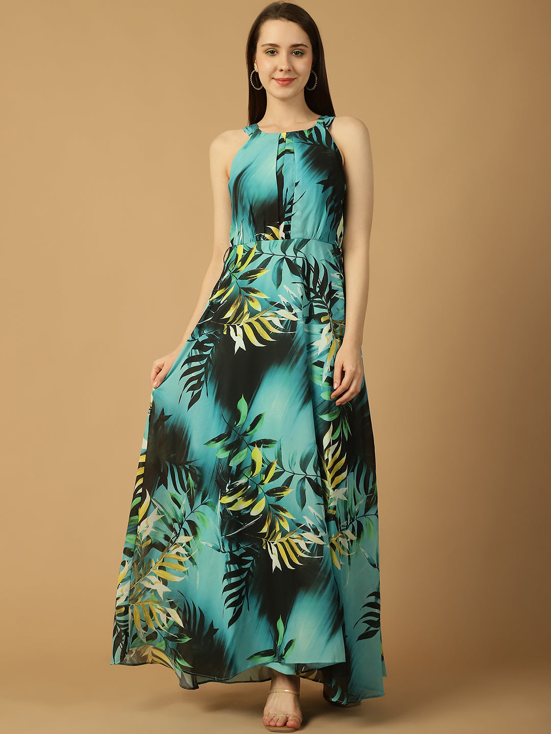 Aqua Tropical Print Maxi Dress