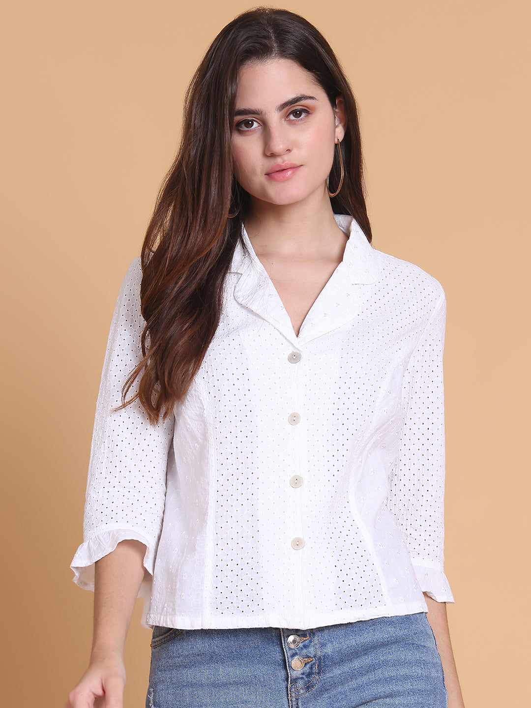 Women's White Cotton Eyelet Shirt