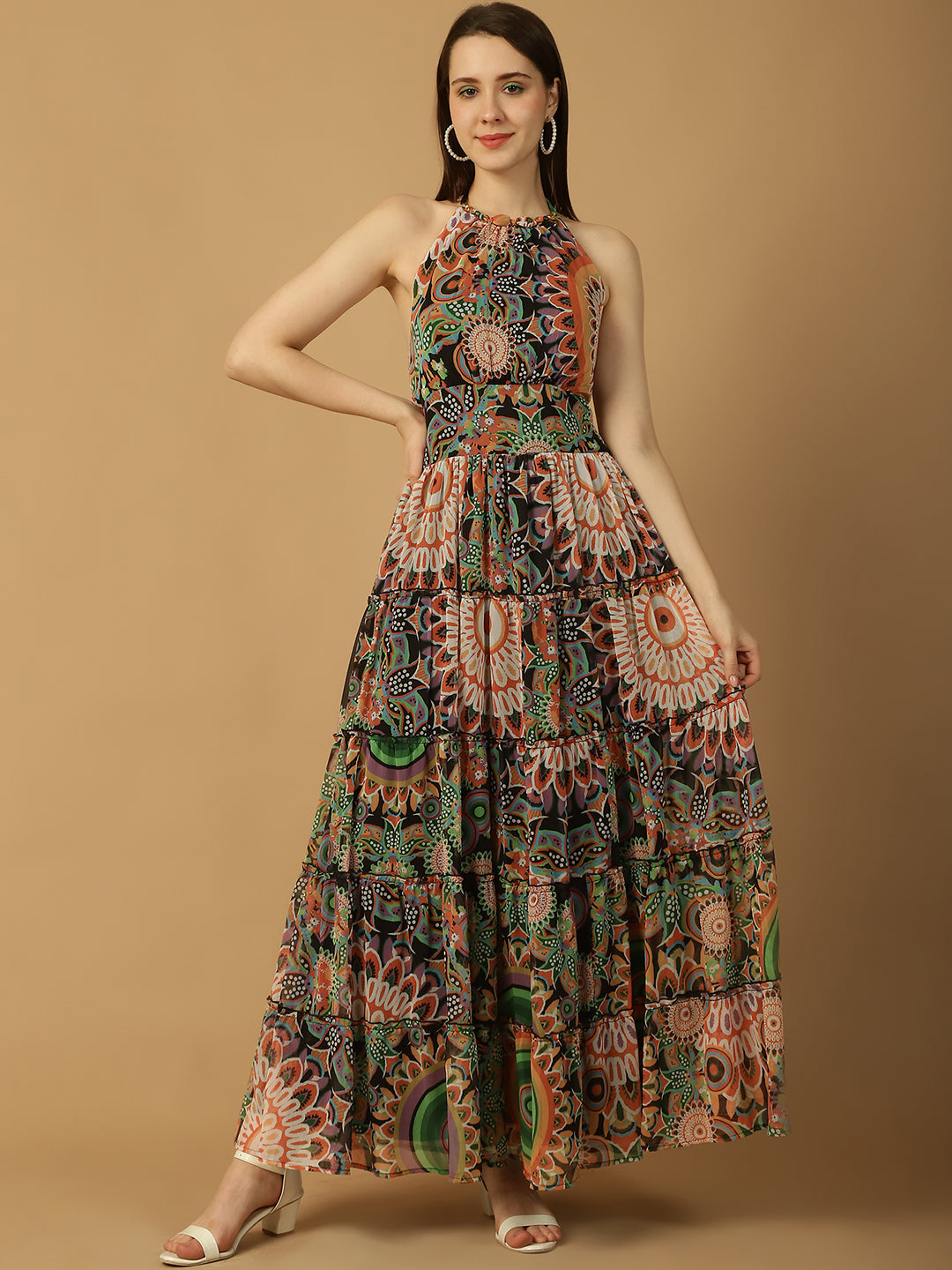 Abstract Print  Tiered Maxi Dress