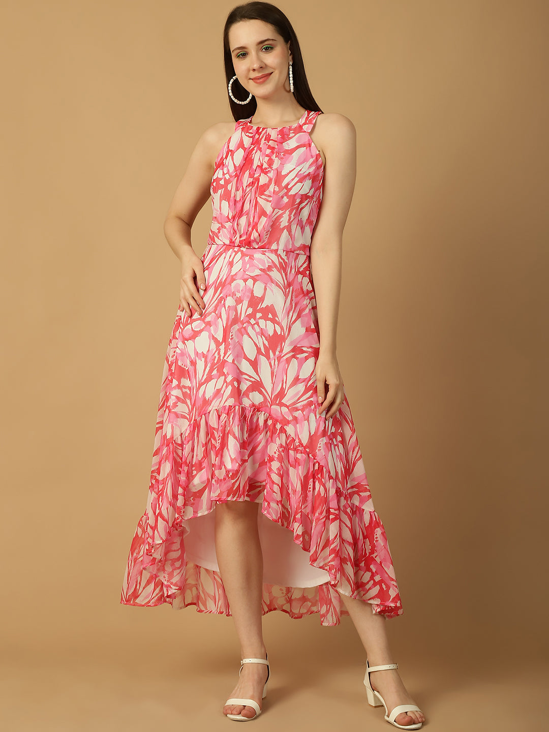 Pink Halter Neck Butterfly Print Dress