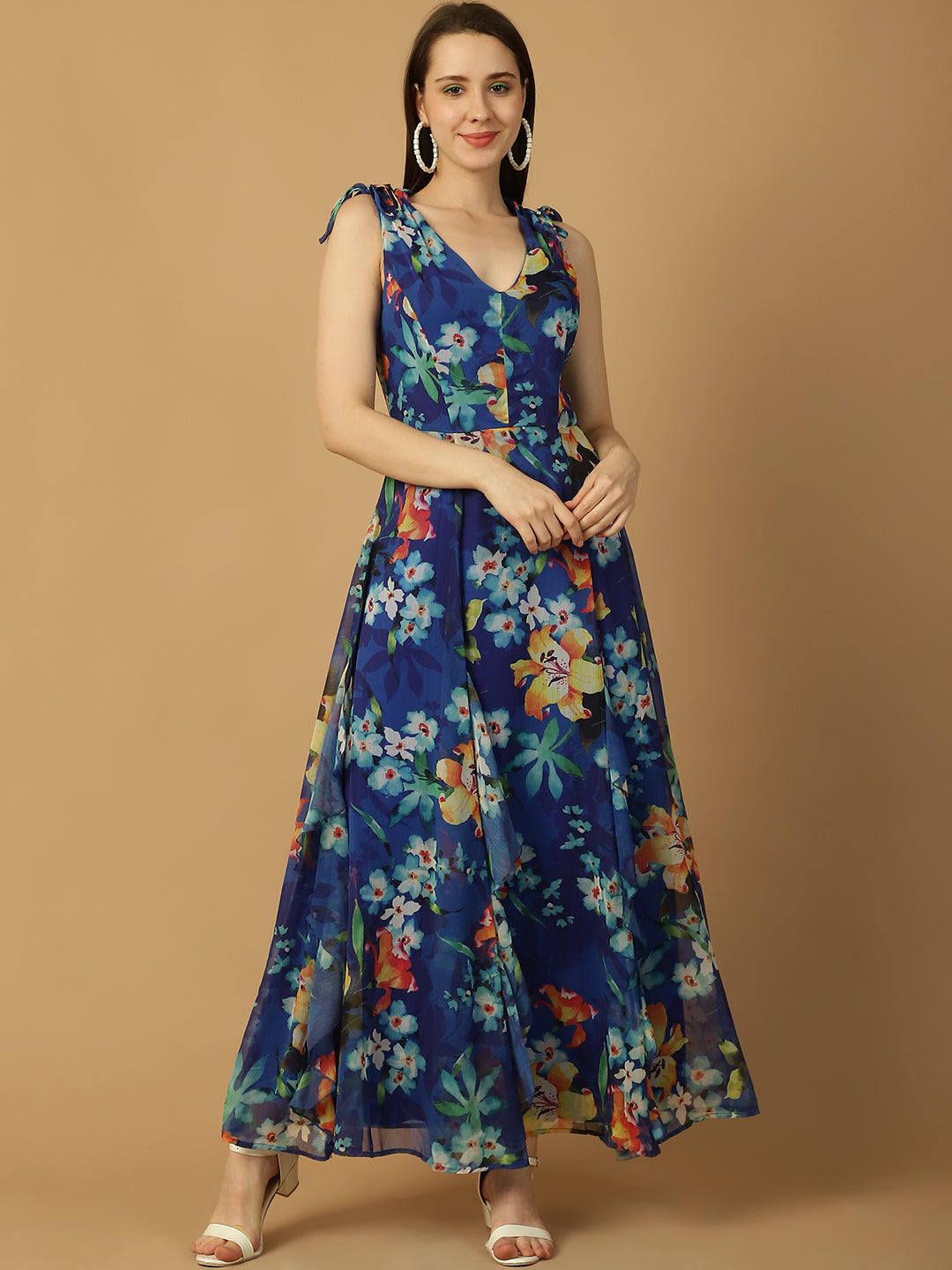 Blue Floral Print Frill Detail Maxi Dress