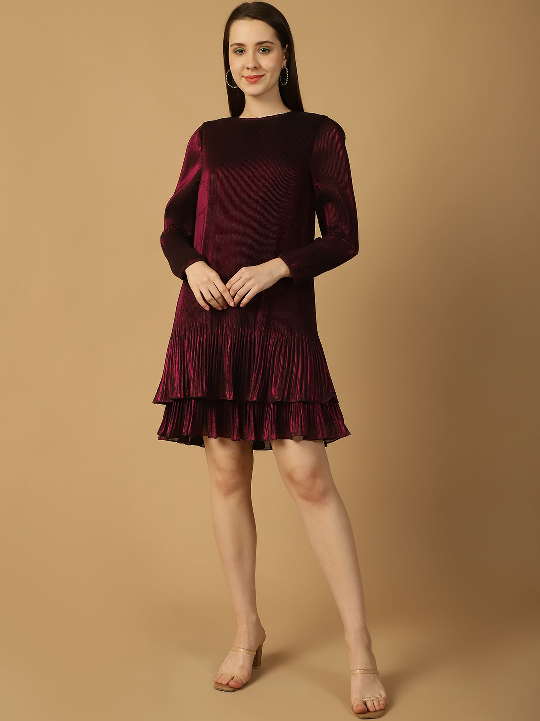Pleated Shimmer frill hem Swing Dress