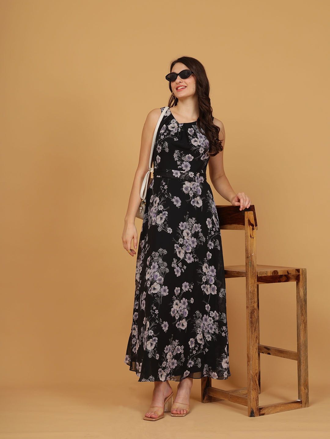 Black Floral Sleeveless Maxi Dress