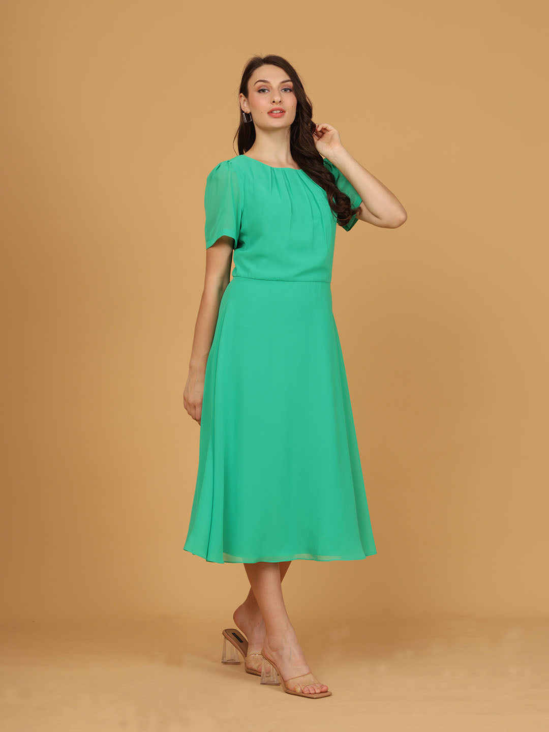 Green Chiffon Pleat Neck Midi Dress
