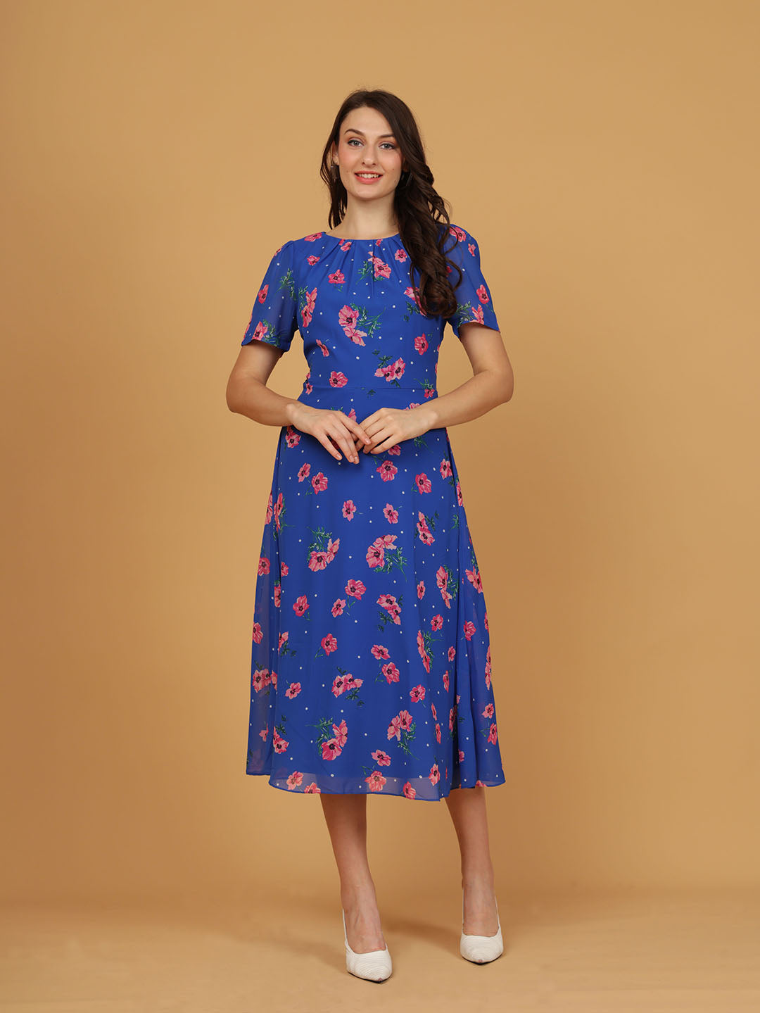 Roman Blue Floral Pleated Chiffon Dress