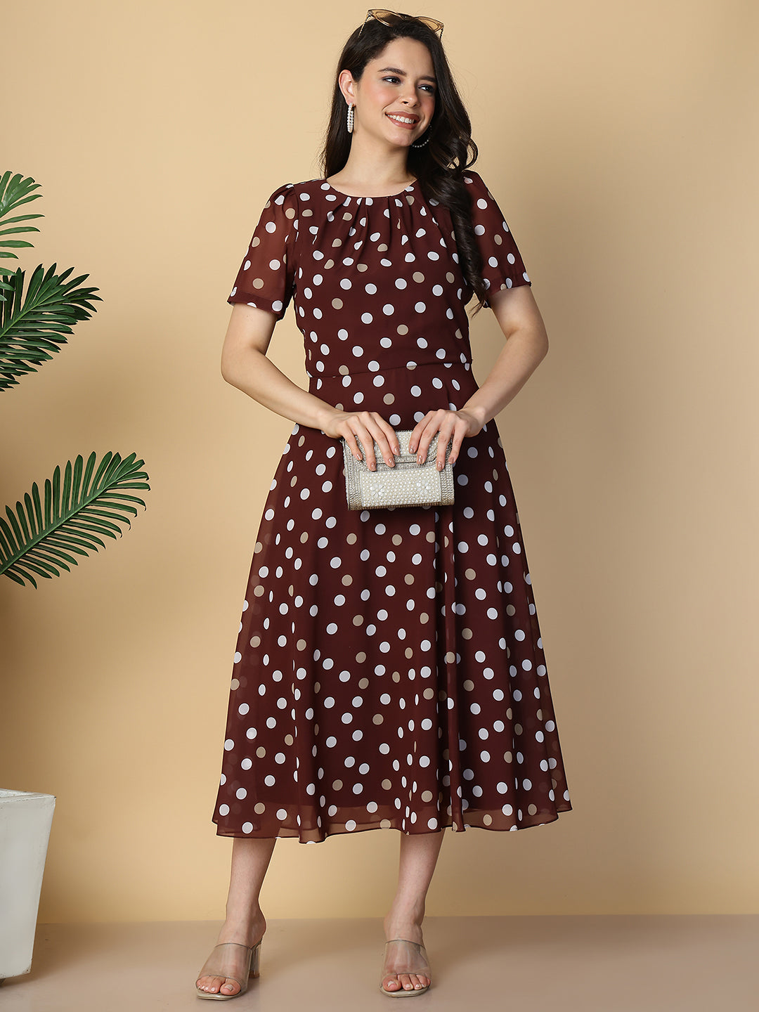 Brown Polka Dot A-Line Midi Dress