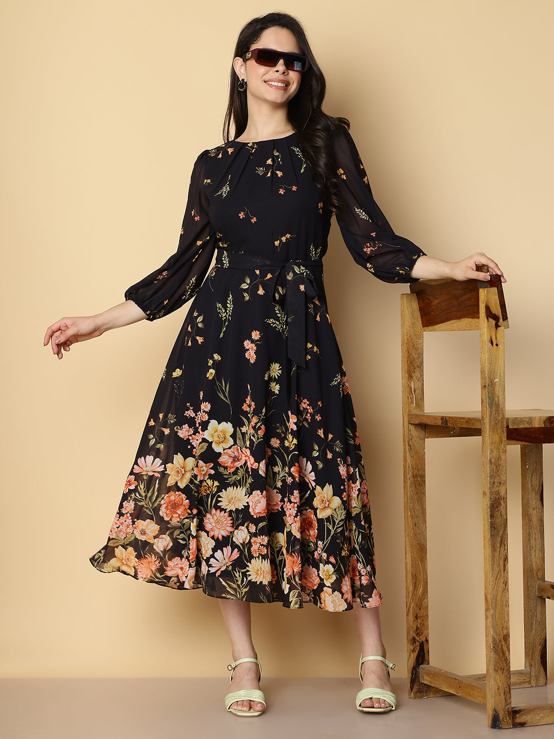 Midnight Black Floral A-Line Dress