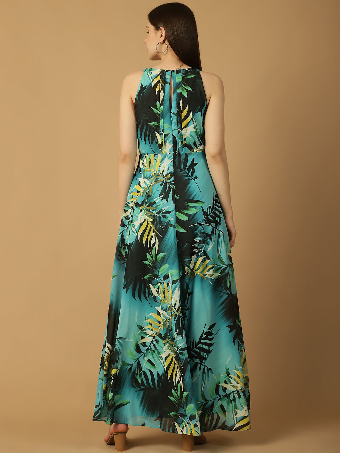 Aqua Tropical Print Maxi Dress