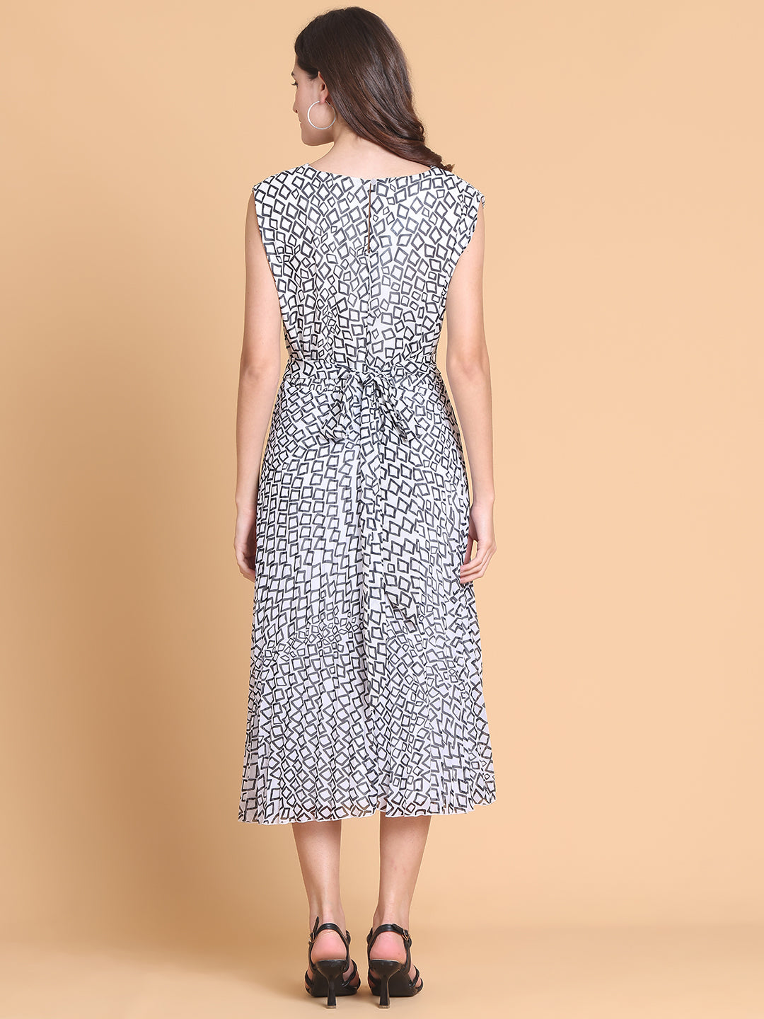 Ivory Geometric Twist Detail Pleated Dress