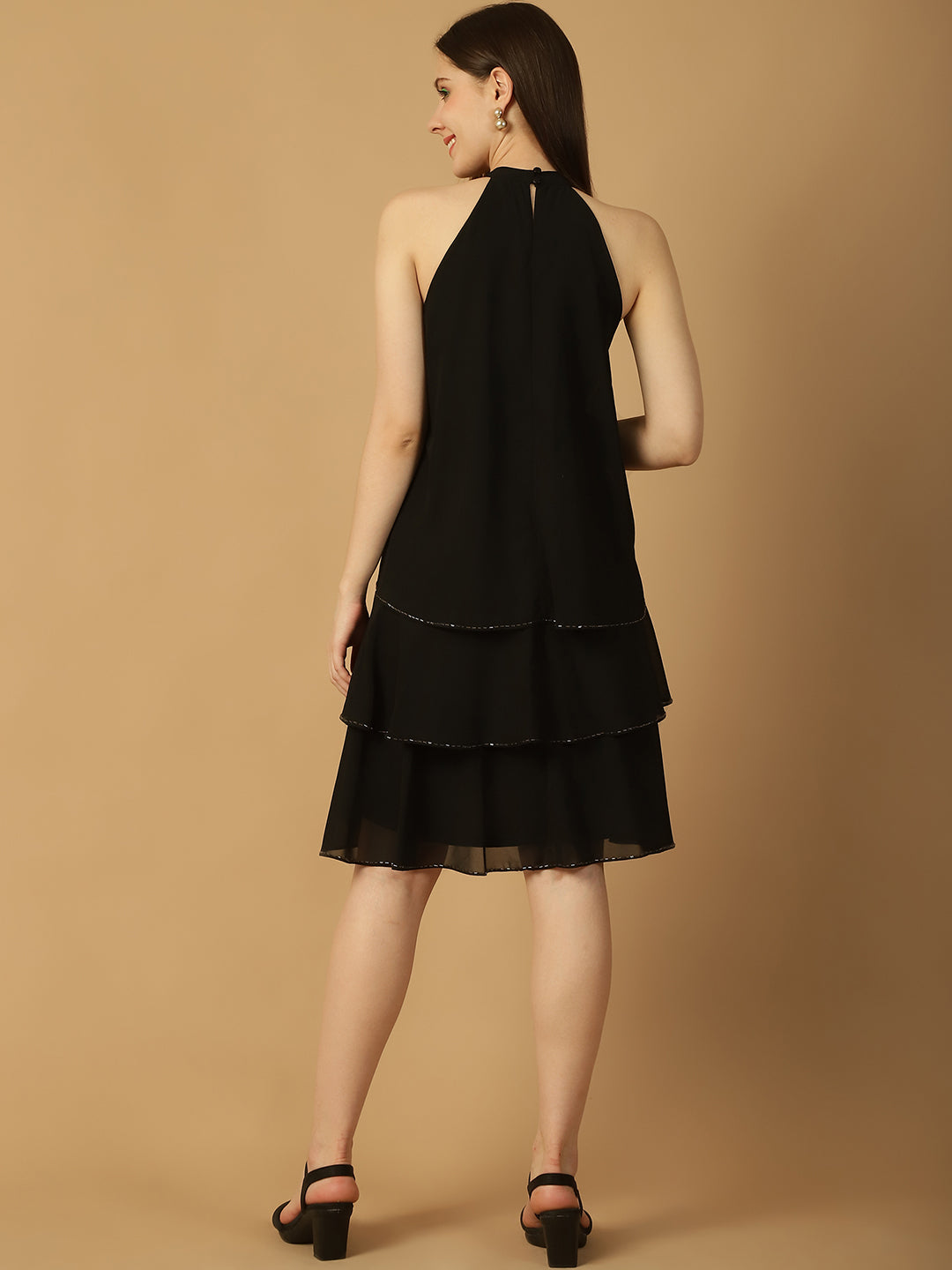 Sparkle Trim Tiered Halterneck Dress