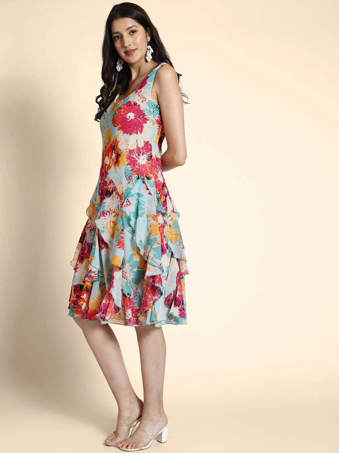 Floral Printed Ruffles Fit & Flare Dress