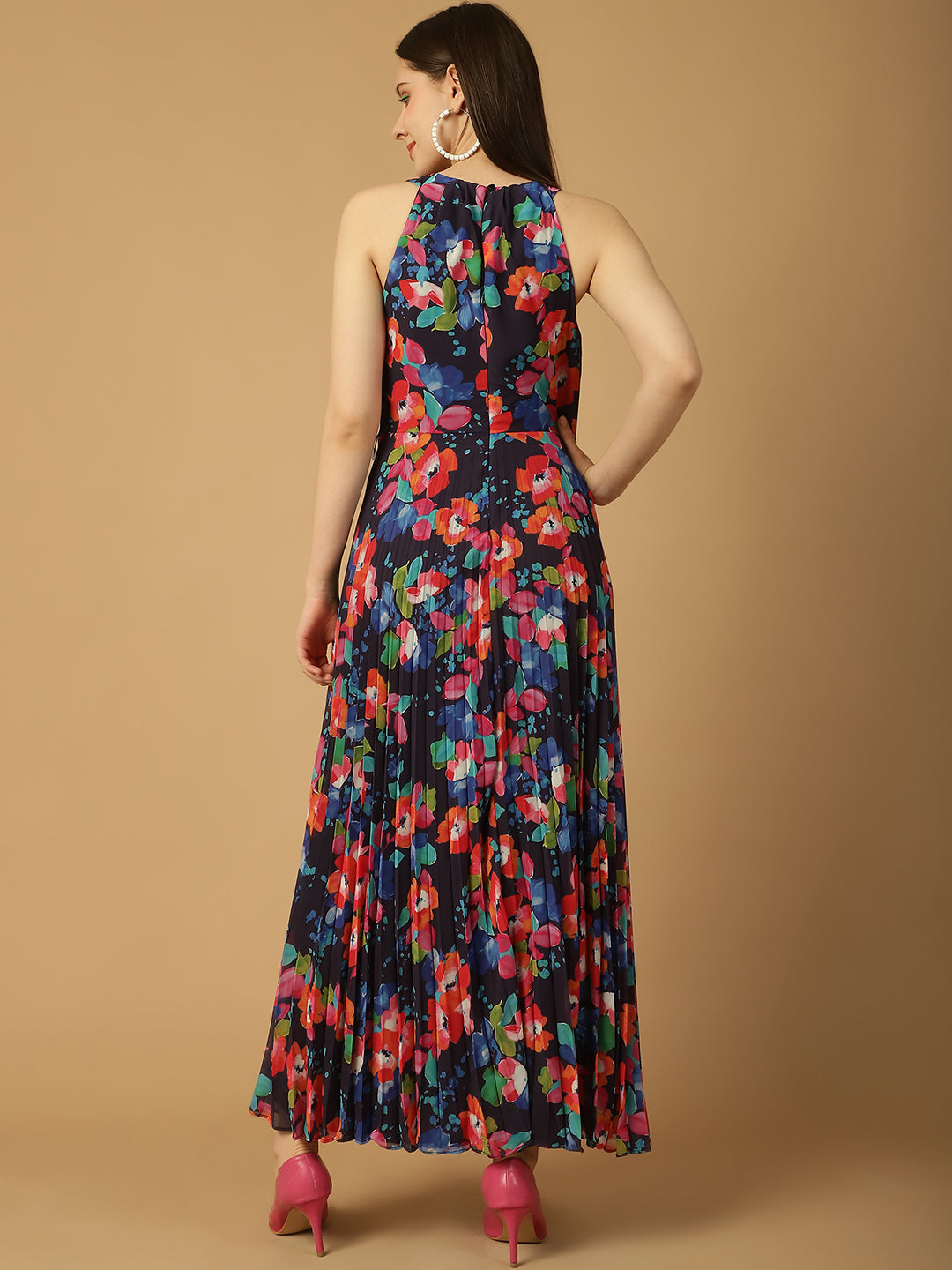 Floral Print Pleated Maxi Dress