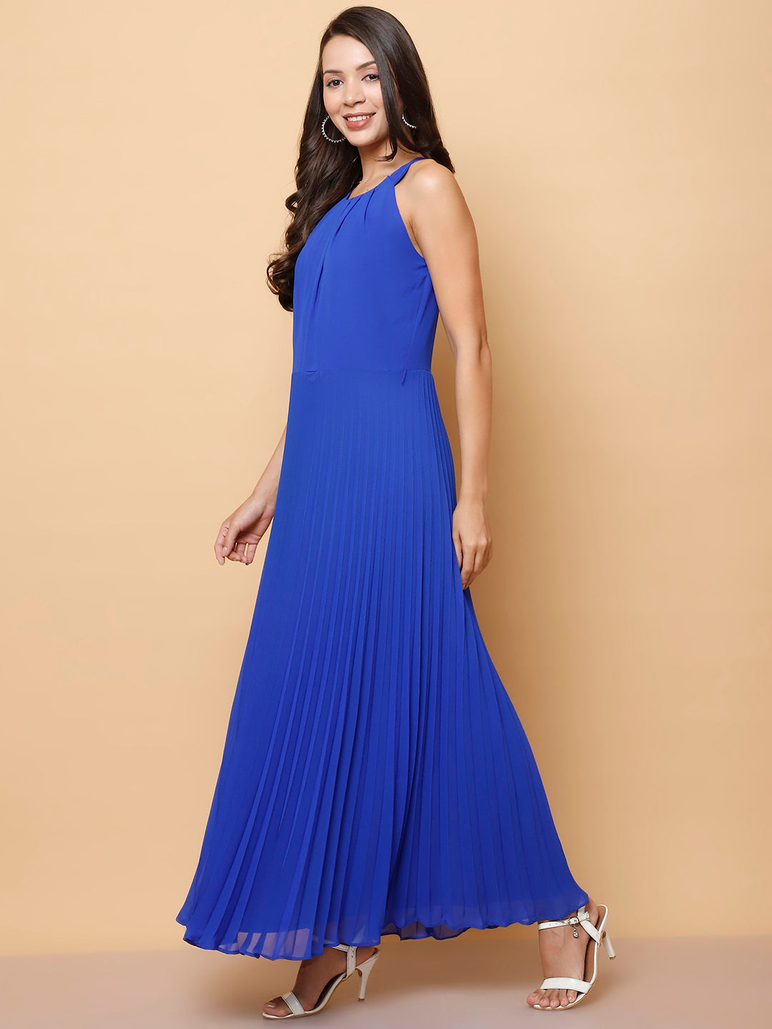 Pleated Halter Neck Maxi Dress