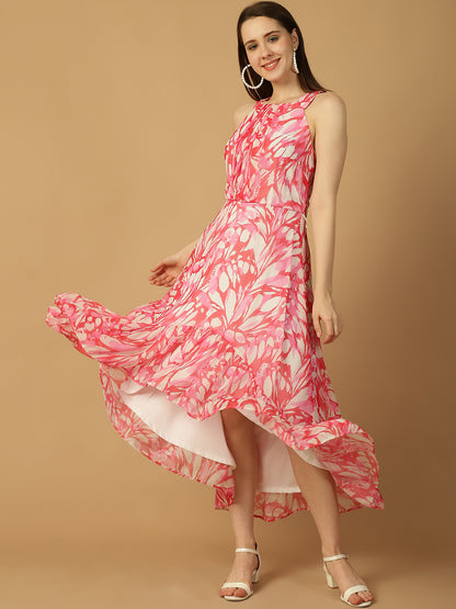 Pink Halter Neck Butterfly Print Dress