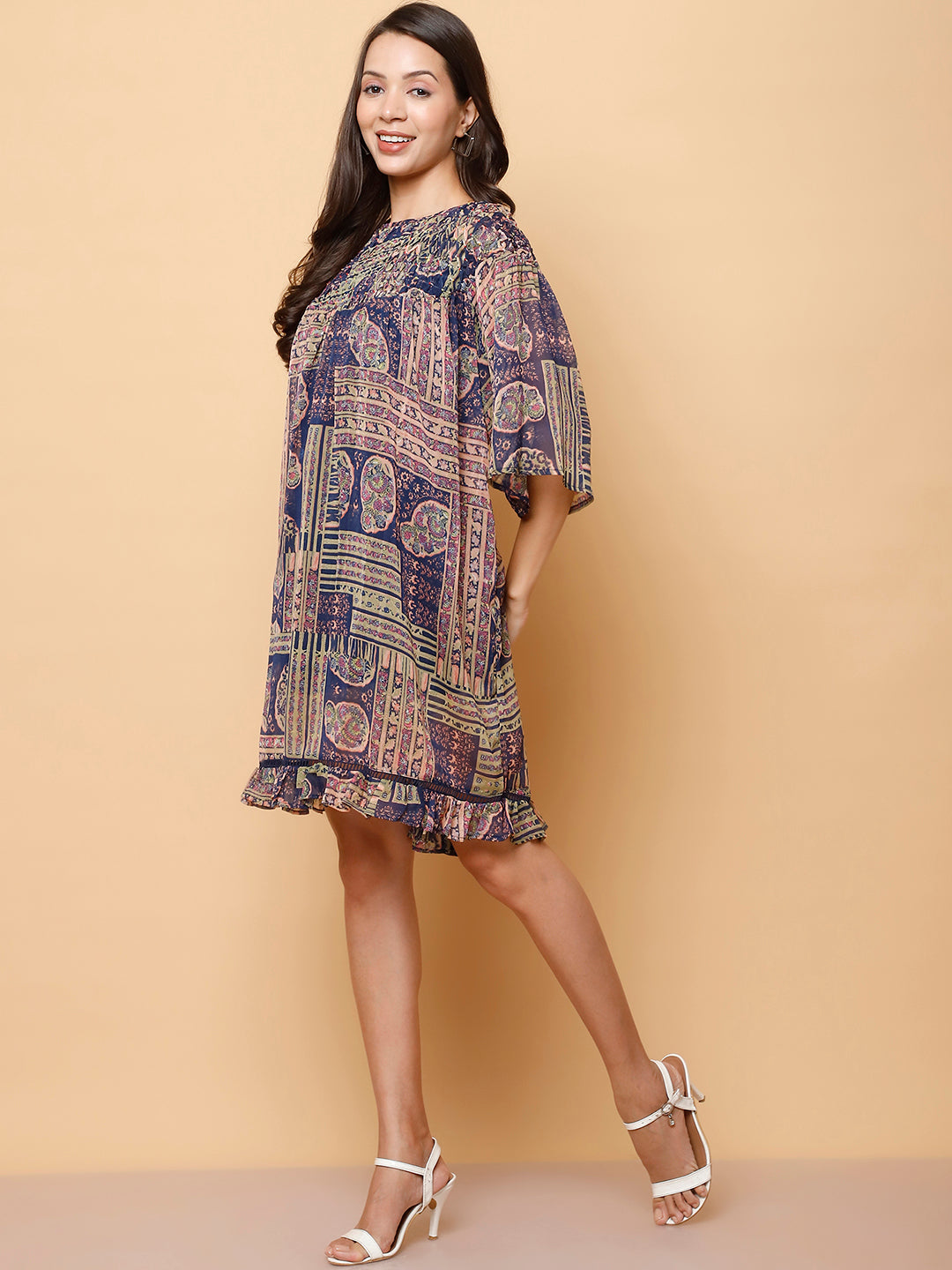 Women's Bell Sleeved Abstract Shift Dress
