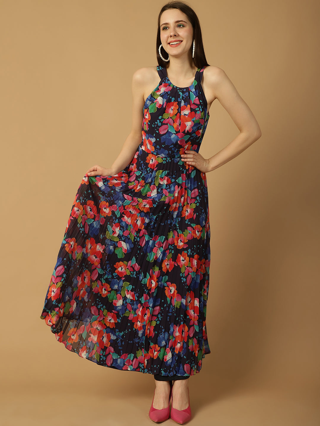 Floral Print Pleated Maxi Dress
